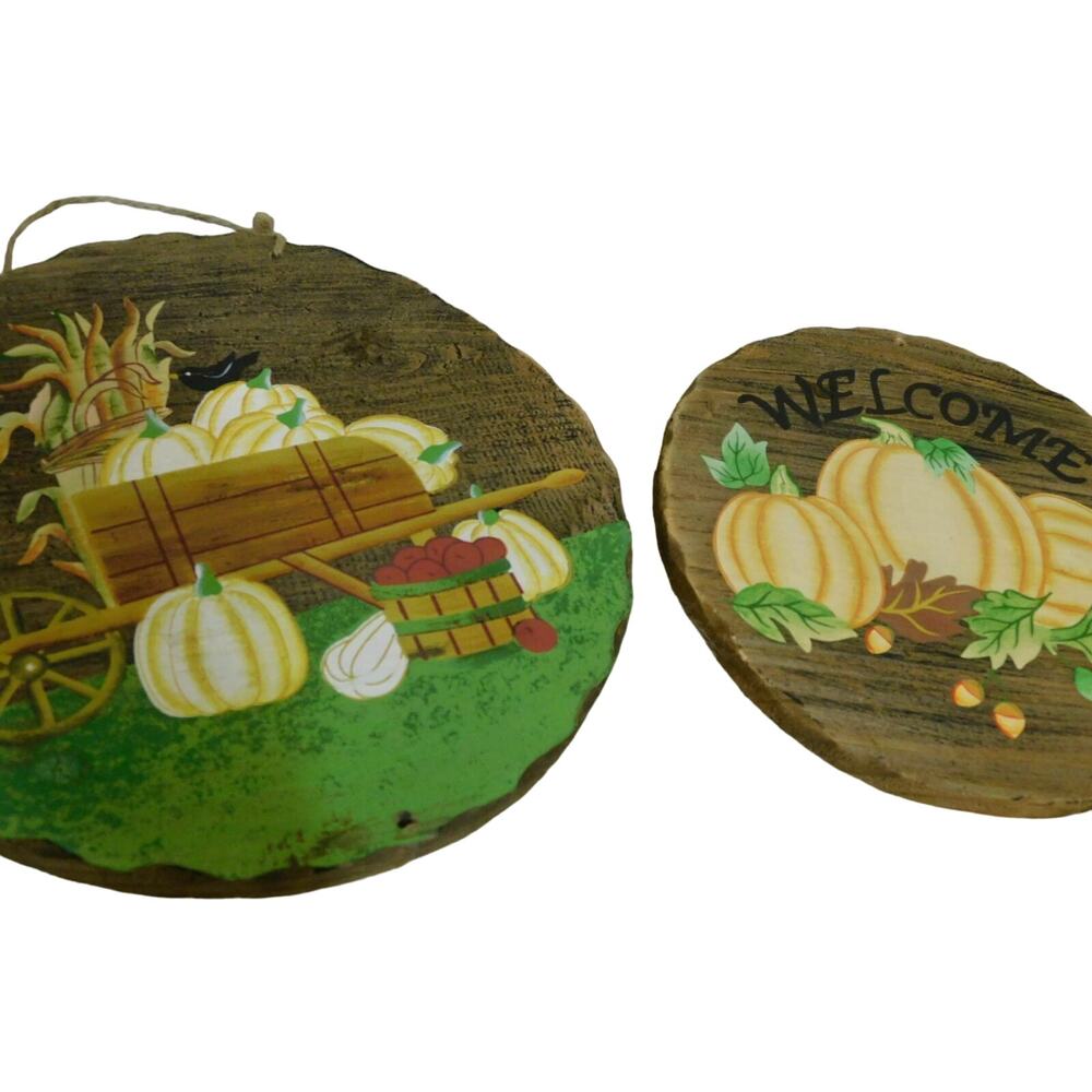 Rustic Wood Pumpkin Wall Plaques Fall Harvest Thanksgiving Welcome Sign Set of 2 - Picture 9 of 9